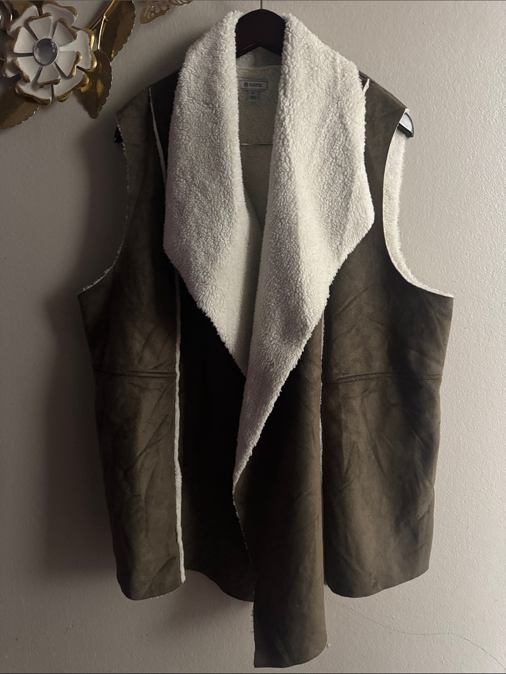Susina Olive Green Faux-Suede Sherpa Vest with White Lining